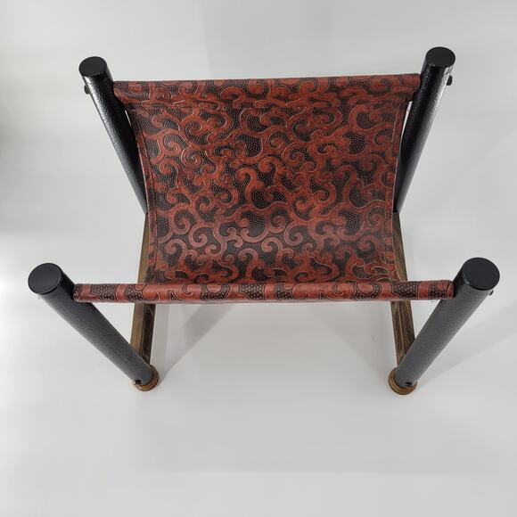 Vintage Log Holder Tan Black Embossed Tooled Leather Wood Magazine Storage - Picture 2 of 13